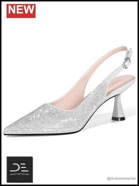 Faux Leather Kitten Heels Slingback Sparkly Rhinestone Pumps Low Heel Dress